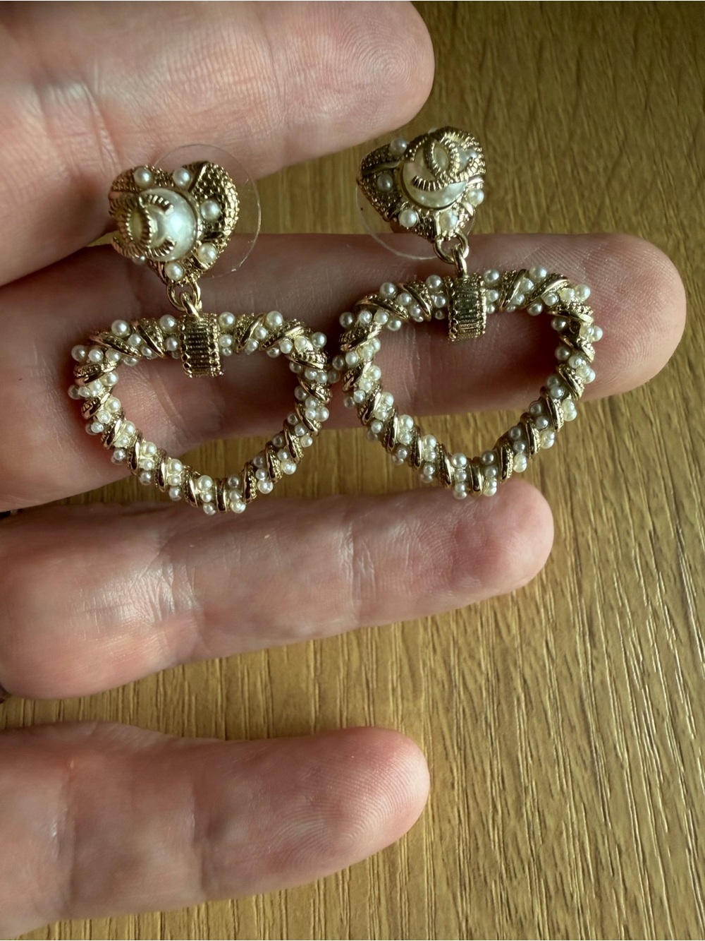 Designer Look Gold and Pearl Heart Drop Earrings - CC Logo
